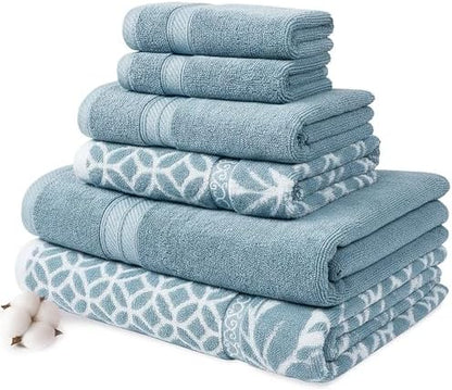 Modern Threads 6 Piece Bath Towel Set – Bathroom Set with 2 Bath Towels, 2 Hand Towels, and 2 Wash Cloths – 100% Cotton, Super Absorbent & Extra Soft – Reversible Botanical Vine (Blue)