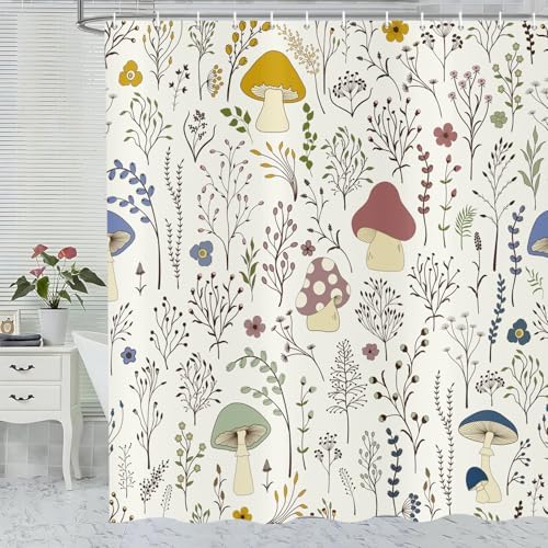 deFouliao Mushroom Shower Curtain, Boho Floral Waterproof Shower Curtain for Bathroom Bathtub Home Curtain Decor with Hooks, Machine Washable, 65''Wx72''L