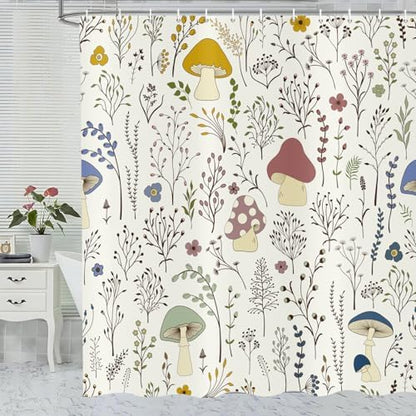 deFouliao Mushroom Shower Curtain, Boho Floral Waterproof Shower Curtain for Bathroom Bathtub Home Curtain Decor with Hooks, Machine Washable, 65''Wx72''L