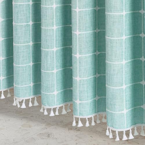 Boho Farmhouse Classic Plaid Linen Tassel Shower Curtain Teal Blue,72x84
