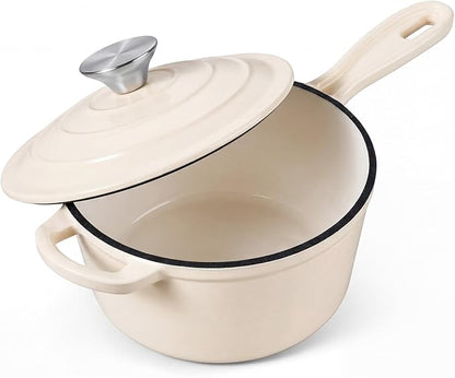 Onader 2QT Saucepan with Lid, Enameled Cast Iron Sauce Pan Pot, Small Dutch Oven Cooking Kitchen Pot, Nonstick & Heavy Duty – Cream White