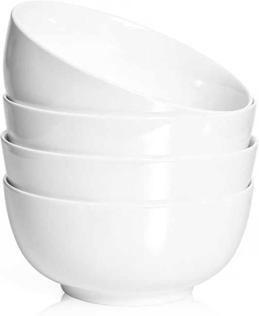 AISBUGUR 26 oz Soup Bowls Set of 4 Cereal Bowl: Ramen Bowl Fruit,Salad and Rice Bowl for Kitchenware Set for Dishwasher & Microwave Safe,White Bowls 6in