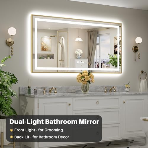68x36 Inch LED Bathroom Mirror with Gold Frame, Backlit & Front Lit