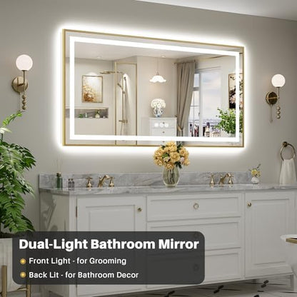 68x36 Inch LED Bathroom Mirror with Gold Frame, Backlit & Front Lit