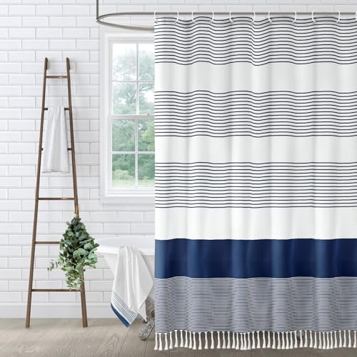 Navy Blue Coastal Ocean Cotton Striped Shower Curtain with Tassel 60W X 72L