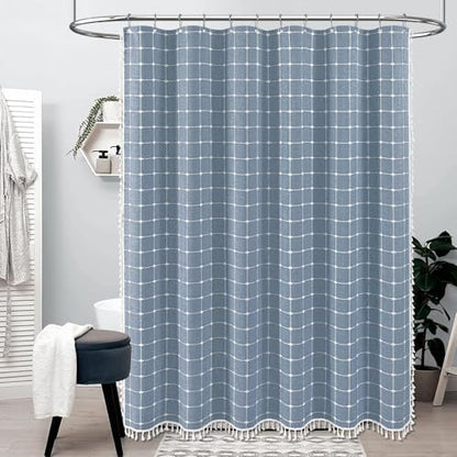 BTTN 108x72 Boho Farmhouse Linen Heavy Duty Fabric Shower Curtain Set, Blue