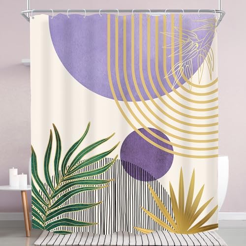 Mid Century Purple Green Boho Abstract Modern Bathroom Shower Curtain Set