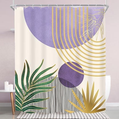 Mid Century Purple Green Boho Abstract Modern Bathroom Shower Curtain Set