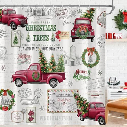Vintage Christmas Farmhouse Shower Curtain for Bathroom 72W*72H Inch Red Truck Xmas Tree Winter Snowflake Wreath Classical Country Holiday Decorations Bathtub Decor Waterproof Polyester Fabric Set