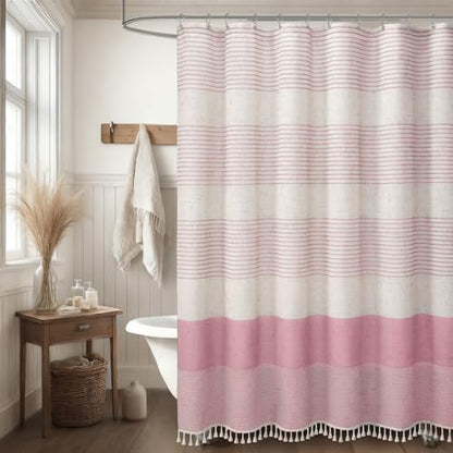 Pink Boho Linen Striped Shower Curtain with Tassel 72" W X 72" L