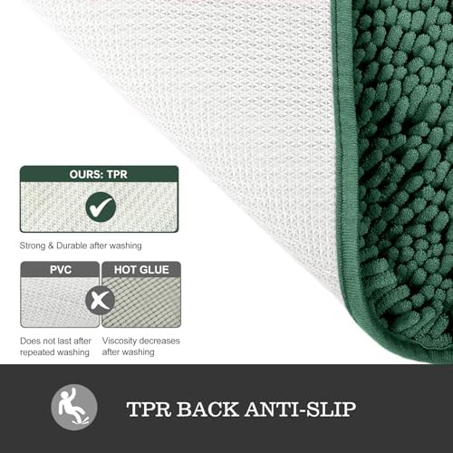 Yeaban Chenille Dark Green Bathroom Rug 17"x24", Non-Slip Rubber Backing