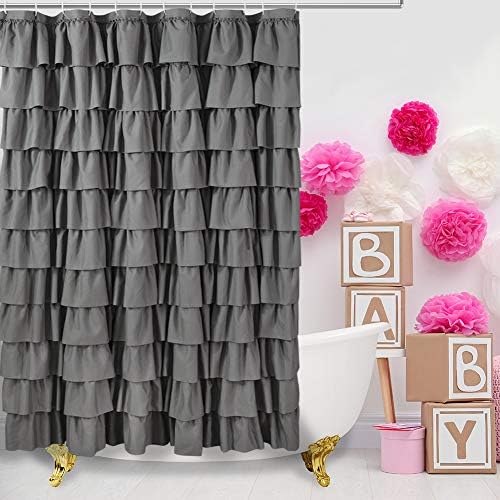 Gray Ruffle Shower Curtain for Bathroom, 72 x 84, Machine Washable Fabric