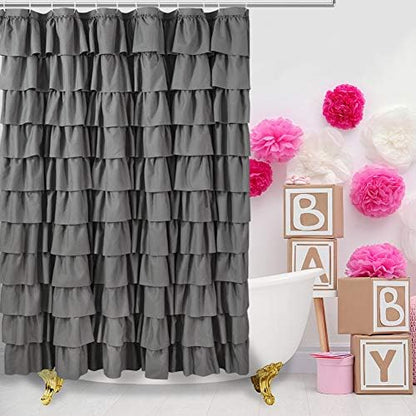 Gray Ruffle Shower Curtain for Bathroom, 72 x 84, Machine Washable Fabric