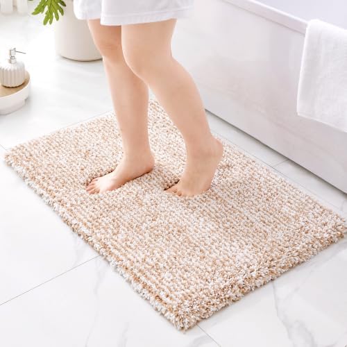 ILANGO Beige and White Bathroom Rugs 24" × 17" Small Non Slip & Super Absorbent Extra Thick Soft, Washable Bath Mat for Floor, Microfiber Plush Shaggy Bath Rug with Rubber for Bathtub Shower Room Sink