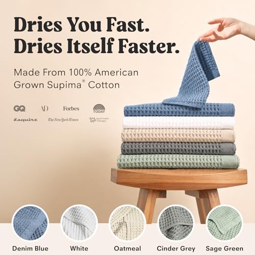 ONSEN Supima® Waffle Bath Towel Set, Quick Dry Lint Free 100% USA Cotton, Bath Hand and Face Towel Bundle, 3 Piece (Cinder Grey, Bath Towel Set)