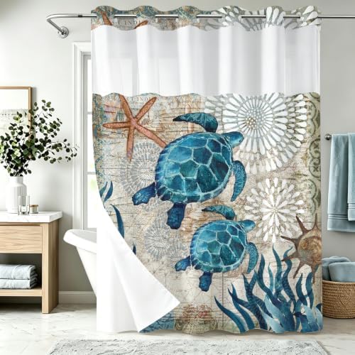 Beach Ocean Coastal Sea Turtles Theme No Hook Waffle Weave Shower Curtain with Snap in Liner Cute Tropical Nautical Bathroom Blue Ocean Decor Set 72 W x 86 H Inch Green and Teal