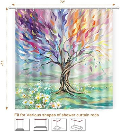 Oil Painting Tree Shower Curtain, Colored Seasons Tree Shower Curtain for Bathroom with 12 Hooks Polyester Fabric Washable Shower Curtain Set Home Office Farmhouse Decor Bath Curtain