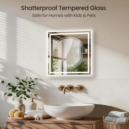 24"x24" LED Bathroom Mirror with Anti-Fog, Backlit & Front Lights, Memory