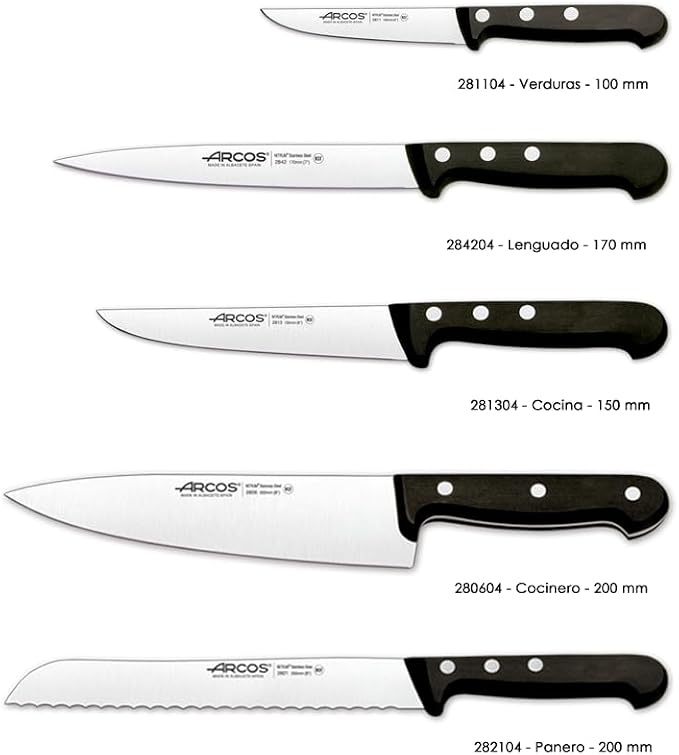 ARCOS Knife Set 5 pieces Nitrum Stainless Steel. Greater cutting power. Pine Wood Block. Ergonomic Polyoxymethylene POM Handle. Series Universal. Greater control. Color Black