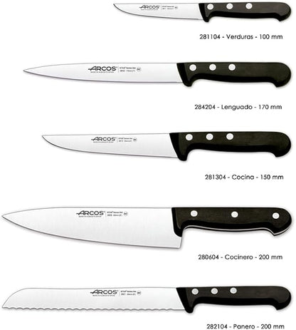 ARCOS Knife Set 5 pieces Nitrum Stainless Steel. Greater cutting power. Pine Wood Block. Ergonomic Polyoxymethylene POM Handle. Series Universal. Greater control. Color Black