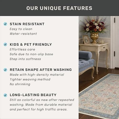 Boho Floral Bird Pattern 4x6 Large Mudroom Rug - Natural Red Blue Washable Reading Corner Area Rug, Modern Vintage Kitchen Floor Carpet, Low Pile Non-Slip Carpet for Door Mat Indoor Entrance
