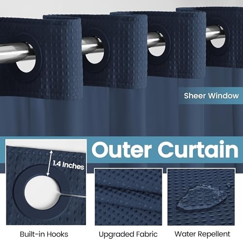EUTXL Heavyweight No Hook Shower Curtain with Liner, Navy Blue, 54x80