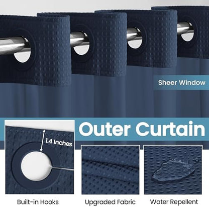 EUTXL Heavyweight No Hook Shower Curtain with Liner, Navy Blue, 54x80