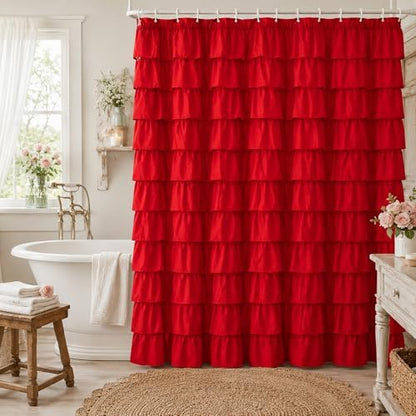 Red Ruffle Shower Curtain for Bathroom, 72x84, Christmas Bathroom Decor