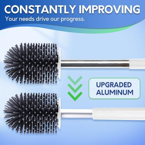 BOOMJOY Toilet Brush and Holder Set, Silicone Toilet Bowl Cleaner Brush, Bathroom Cleaning Bowl Kit with Tweezers, Bathroom Accessories with Aluminum Handle - White