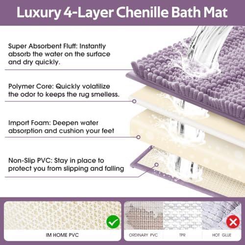 ACCUMTEK Striped Lavender Bathroom Rug Mat Set 2 piece 32"x20"+60"x20" Ultra Soft, Non Slip Chenille Bath Rugs, Absorbent Plush Shaggy Bath Mats for Bathroom, Bedroom, Kitchen, Shower, Tub