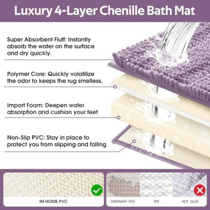 ACCUMTEK Striped Lavender Bathroom Rug Mat Set 2 piece 24"x17"+48"x20" Ultra Soft, Non Slip Chenille Bath Rugs, Absorbent Plush Shaggy Bath Mats for Bathroom, Bedroom, Kitchen, Shower, Tub