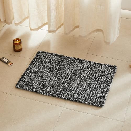 TYUU Waffle Bath Mat, Small Boho Bathroom Rugs Non Slip 24x16 Black & White