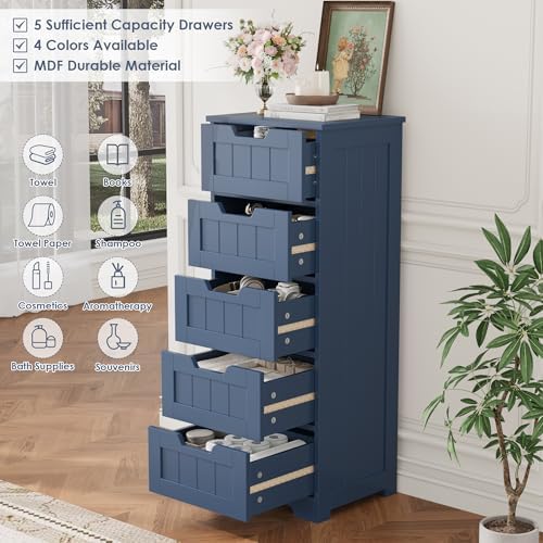 FOTOSOK Bathroom Cabinet, Bathroom Storage Cabinet with 5 Drawers, Blue