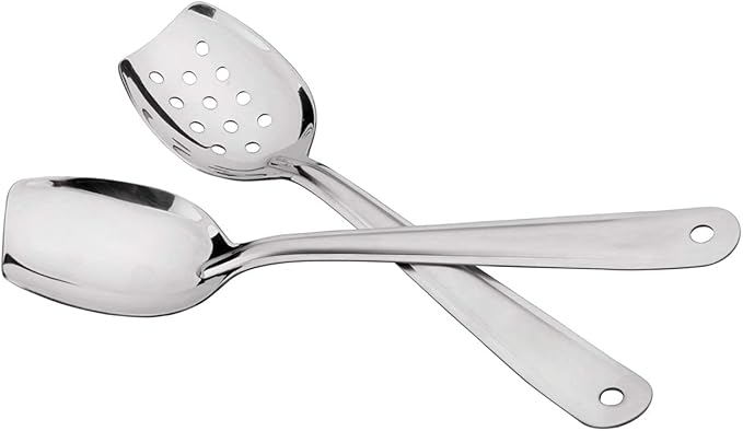 IMEEA 10 Inch Flat Bottom Scraping Cooking Spoon Set of 2, 18/8 Stainless Steel Slotted & Solid Stirring Spoon, Flat Edge Kitchen Spoon for Stir Fry, Sauce, Soup, Instant Pot