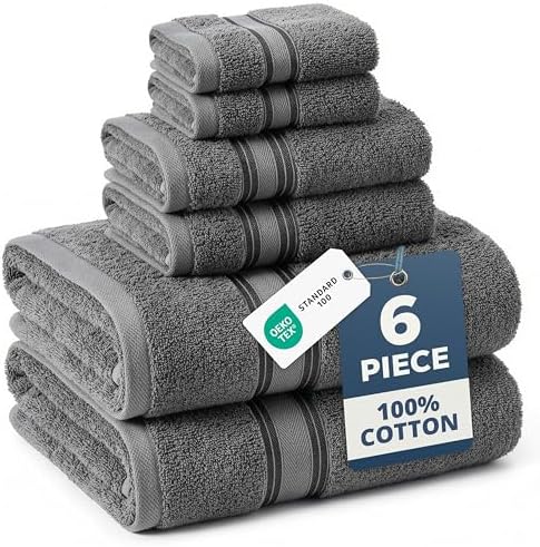 LANE LINEN Bath Towel Set 100% Cotton 6 Piece Soft Absorbent - Grey