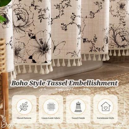 Vintage Black Floral Shower Curtain with 12 Clear Rings - 72" W x 72" L