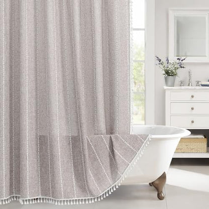 Boho Farmhouse Tassel Linen Shower Curtain,3D Embroidery Stripe Grey,72x78