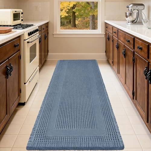 IM HOME Upgrade Waffle Bath Mat Set 3 Piece, Boho Bathroom Rugs Absorbent Non Slip, Soft Bathroom Mats, Machine Washable Knit Bath Rugs with Tassels for Bathroom, Bedroom, Kitchen, Shower, Tub, Blue