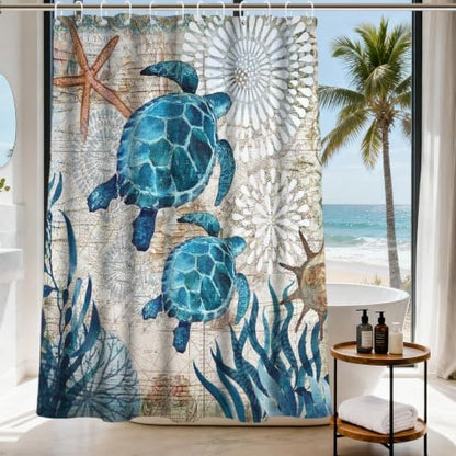 Ocean Nautical Beach Shower Curtain, Rustic Luxury Coastal Sea Turtles Shower Curtains for Bathroom, Waterproof Bath Curtain with Hooks Machine Washable Bathtub Curtains 72x84 Inch Blue Teal