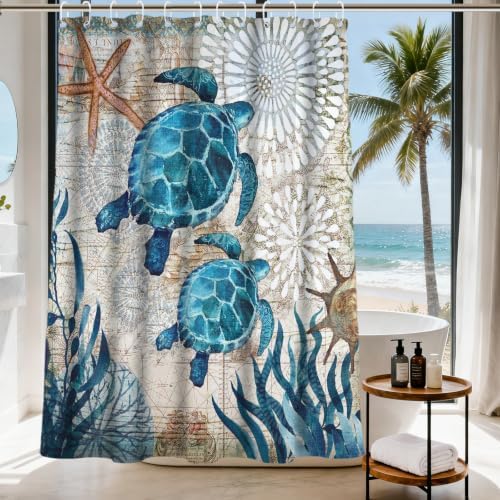 Cute Rustic Ocean Shower Curtain, Nautical Beach Coastal Sea Turtles Shower Curtains for Bathroom, Waterproof Bath Curtain with Hooks Machine Washable Bathtub Curtains 72x78 Inch Blue Teal