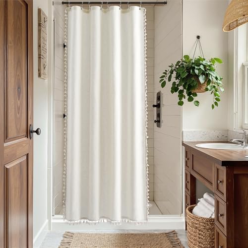 Nanspring Stall Natural Boho Linen Shower Curtain 48 Inches Neutral French Country Curtain for Bathroom Farmhouse Weighted Tassel Shower Curtain Set with Hooks Modern Vintage Style Decor 48x72, Cream