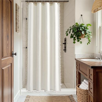 Nanspring Stall Natural Boho Linen Shower Curtain 48 Inches Neutral French Country Curtain for Bathroom Farmhouse Weighted Tassel Shower Curtain Set with Hooks Modern Vintage Style Decor 48x72, Cream