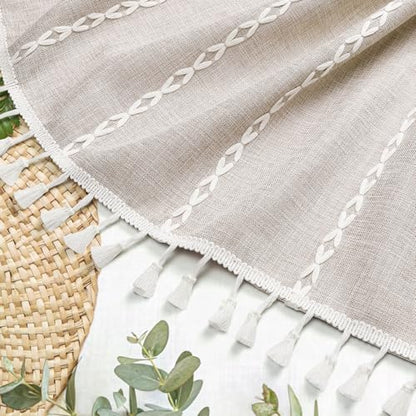 Boho Farmhouse Tassel Linen Shower Curtain,3D Embroidery Stripe Taupe,72x78