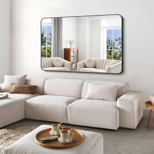 BONEWEI Black Bathroom Mirror,60x40 inch Wall Mirror for Bathroom Wall Mounted,Rectangle Mirror for Bathroom Over Sink,Modern Frame Round Corner for Living Room,Bedroom Entryway,Horizontal/Vertical