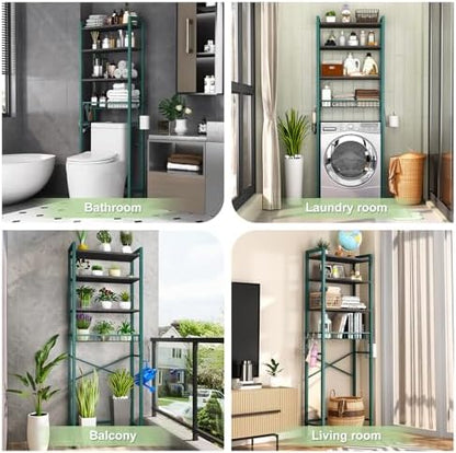 Kalrin Over-The-Toilet Storage Rack, 4-Tier Bathroom Organizer Shelf Over Toilet with Adjustable Shelf and Basket, Freestanding Space Saver Bathroom Shelves Above Toilet for Room (Green- Black)