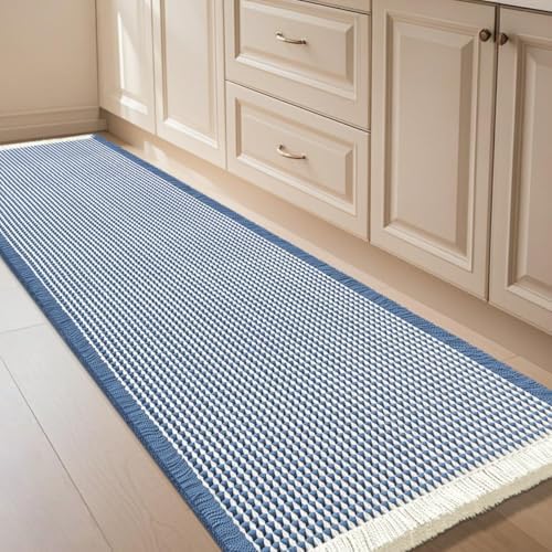 Extra Large Waffle Bath Mat Blue & Cream 6'x2', Boho Woven Modern Bath Mat Rugs, Absorbent Non Slip Bathroom Rugs, Soft Washable Bath Rugs with Tassels for Bathroom, Bedroom, Kitchen, Shower, Tub