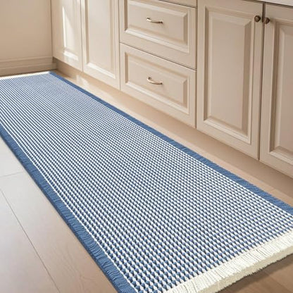 IM HOME Waffle Bath Mat Blue & Cream 5'x2', Boho Woven Modern Bath Mat Rugs, Absorbent Non Slip Bathroom Rugs, Soft Washable Bath Rugs with Tassels for Bathroom, Bedroom, Kitchen, Shower, Tub