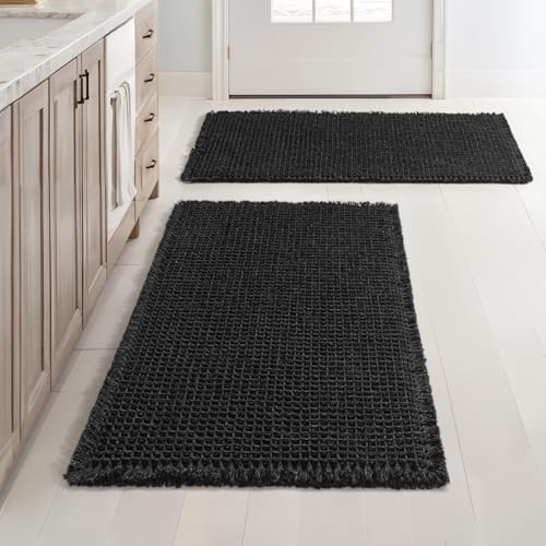 MIULEE Set of 2 Waffle Bathroom Rugs Boho Bath Mat Black 20x32 Inch