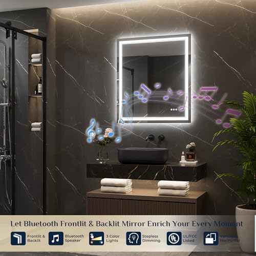 Keonjinn 32 x 36 Inch LED Bathroom Mirror with Lights, Frontlit & Backlit