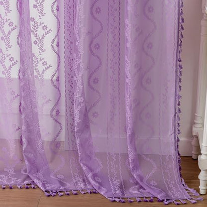 WAZZIO Purple Lace Shower Curtain for Bathroom 72" W x 72" L, Victorian Farmhouse Floral Pattern Tassel Fancy Shower Curtain Boho Washable Cloth Decorative Bath Curtains,1 Panel